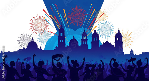 A vibrant cityscape celebrating a festive occasion with fireworks and a crowd of people