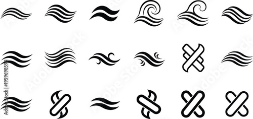 vector collection features abstract black wave icons and stylized water logo elements representing ocean tides, flowing liquid motion, and simple nature-inspired surf symbols.wave, icon, vector, water