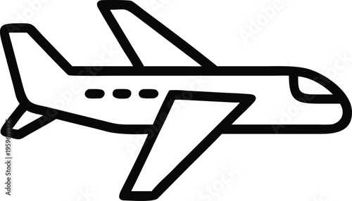 A simple line drawing of a passenger jet in mid-flight with visible wings and engines