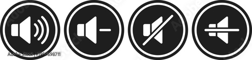 Volume control icons set, audio speaker symbols with sound, mute and decrease options, multimedia interface design vector illustration
