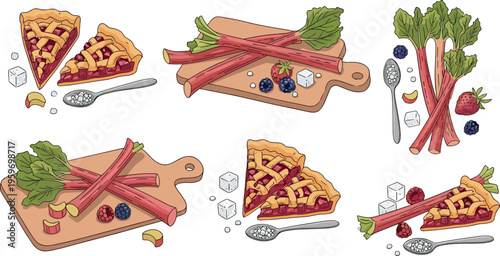 PrintRhubarb Pie Dessert Vector Set with Fresh Rhubarb Stalks Berries and Sweet Pastry Slices on Wooden Boards Food Illustration Collection