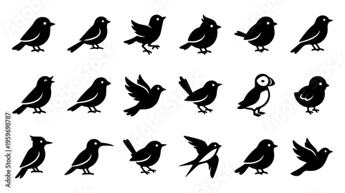 Collection of eighteen unique bird species silhouettes including sparrow swallow and puffin icons
