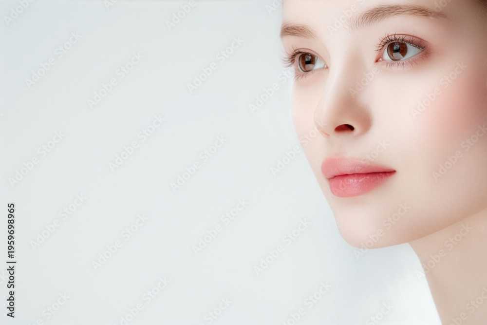 Naklejka premium 透明感のある美肌を引き立てる若い女性の横顔ビューティーポートレート、白背景のハイキーライティングと広いコピースペースの広告向けスキンケア素材