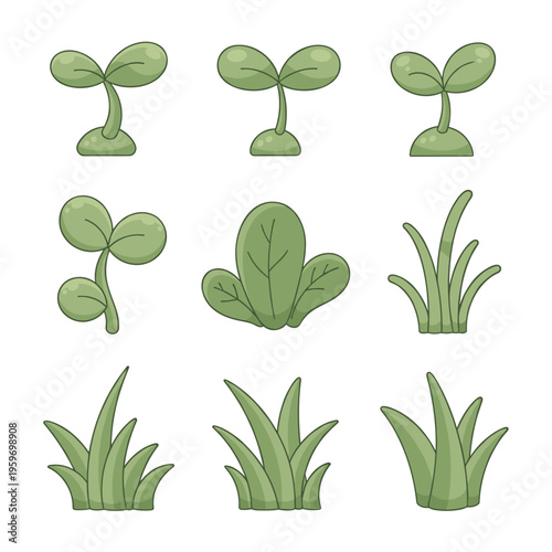 Simple Flat Green Sprout and Shrub Icons