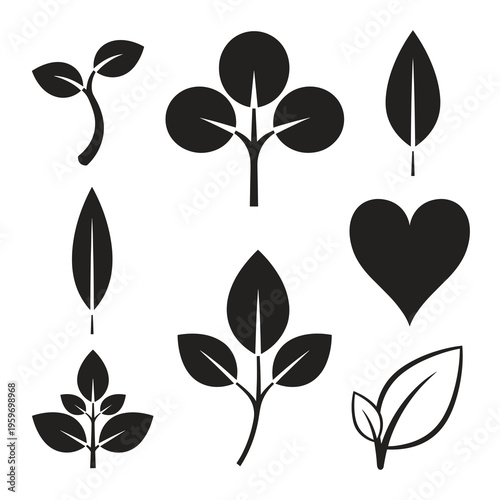 Black Silhouette Collection of Leaves and Sprouts