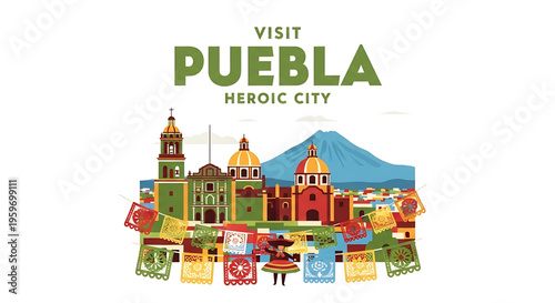 A vibrant vector illustration of Puebla, Mexico, promoting tourism in the heroic city with colorful buildings and a majestic mountain backdrop.