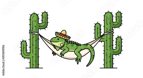 A cartoon alligator wearing a sombrero relaxes in a hammock between two cacti in a fun vector graphic illustration.