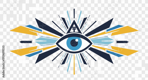 Eye symbol with radiating lines and geometric shapes.