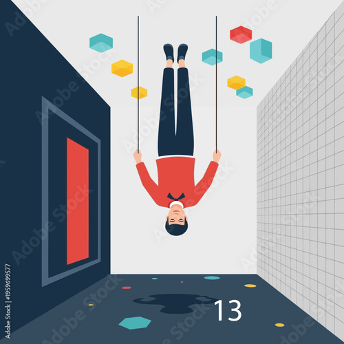 Man hanging upside down in a room with colorful circles.