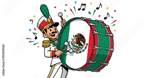 A cartoon Mexican military drummer boy playing a large drum with the Mexican flag on it, surrounded by colorful confetti and musical notes.