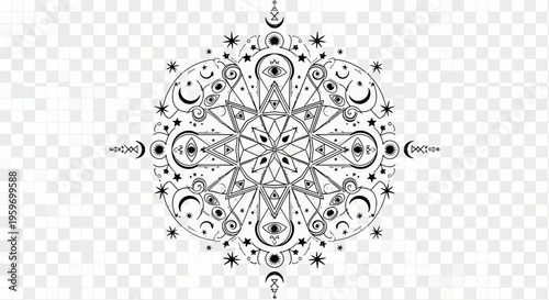 Intricate black and white geometric mandala design with celestial elements.