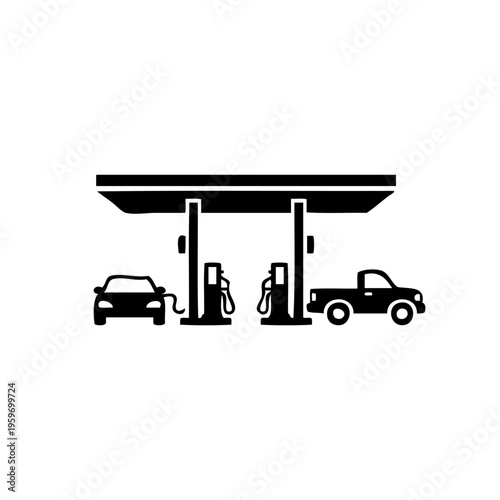 black and white illustration of cars refueling at gas station