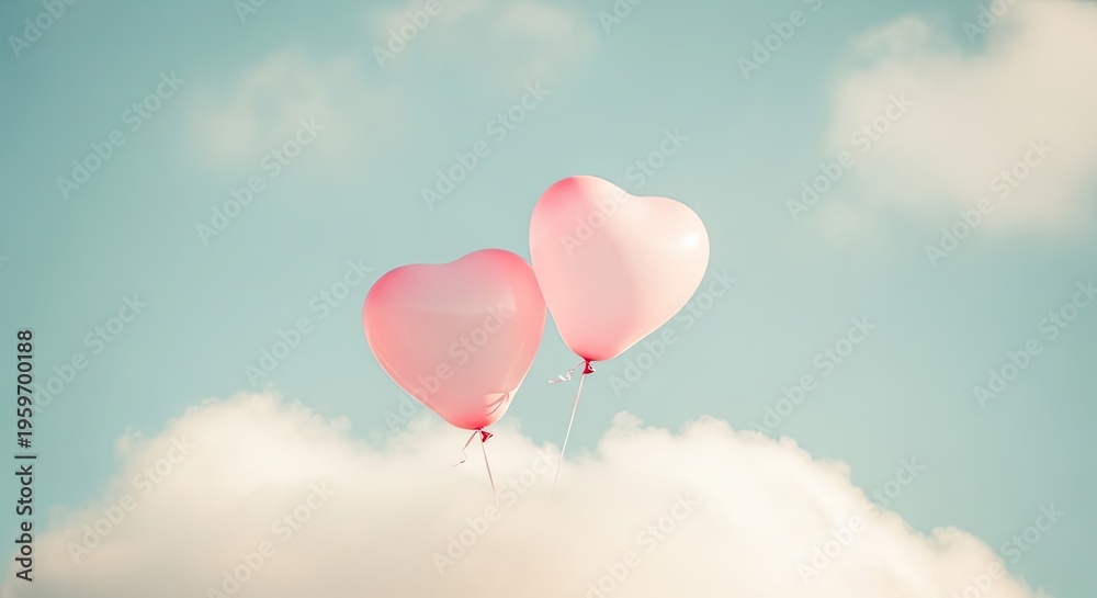 Fototapeta premium Two pink heart shaped balloons floating on clouds