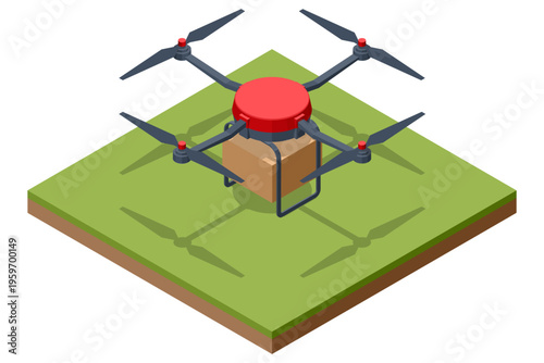 Isometric quadcopter drone carrying a cardboard parcel over a green field. Aerial delivery transport, courier service, last mile logistics, package shipment and modern smart distribution technology.