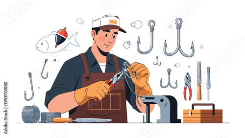 Masterful Angler: A skilled angler meticulously crafts his fishing gear, showcasing his dedication and passion for the sport with tools of the trade.