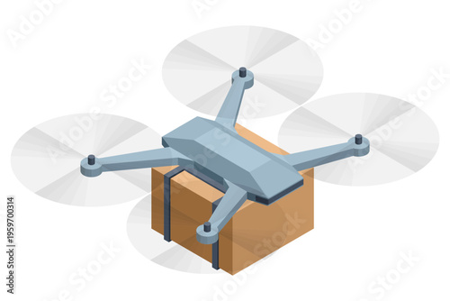 Isometric quadcopter drone carrying a cardboard parcel over a green field. Aerial delivery transport, courier service, last mile logistics, package shipment and modern smart distribution technology.