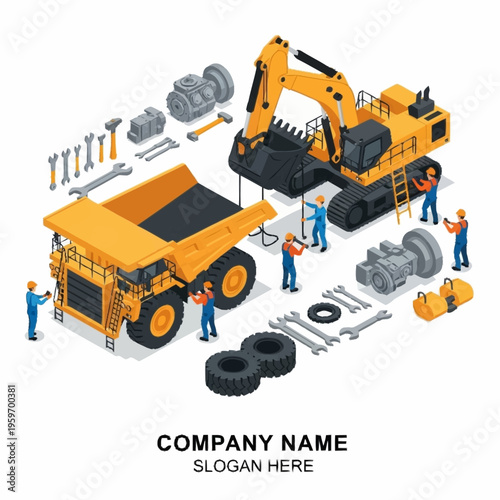 Isometric illustration of heavy construction machinery and mining dump truck being assembled and repaired by workers.