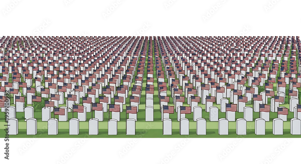 Fototapeta premium A solemn vector illustration of a military cemetery with rows of white headstones and American flags