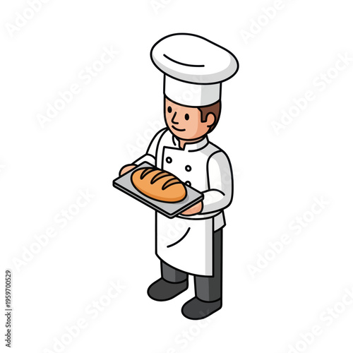 Isometric baker holding a tray with freshly baked bread.