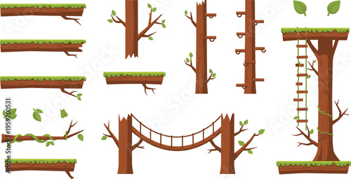 Forest Platform Game Assets Set with Tree Trunks, Wooden Bridge, Ladders and Ground Tiles Vector Illustration