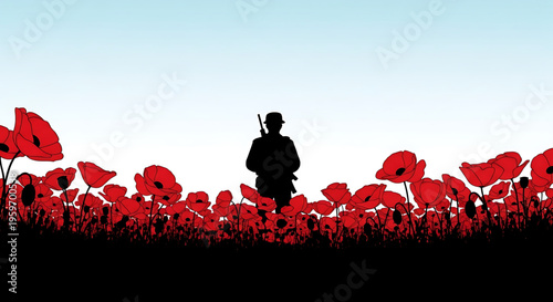 A soldier stands in a field of red poppies against a blue sky in a minimalist vector graphic design