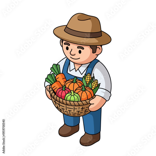 Cartoon Farmer with Harvested Vegetables in Basket.