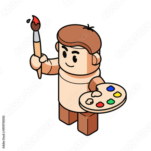 Cartoon artist holding paintbrush and palette, ready to create art.