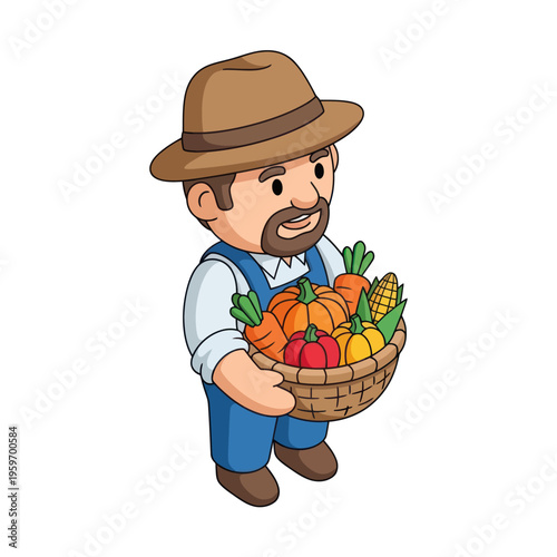 Cartoon Farmer Carrying a Basket Full of Freshly Harvested Vegetables.