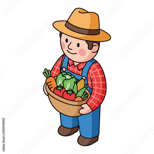 Cartoon Farmer Holding Basket of Fresh Vegetables Harvest.