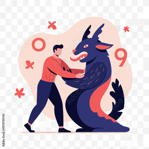 Man confronts a large mythical creature in a stylized setting.