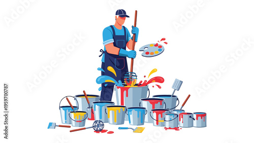 Painter's Symphony: An artist passionately blends vibrant hues in a flurry of color, surrounded by an array of paints and tools, ready to bring their creative vision to life.