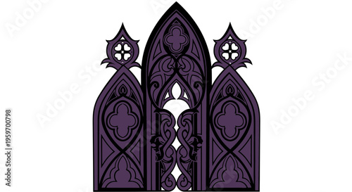 Ornate gothic window with purple tracery on white background.