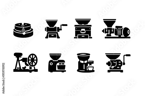A Collection of Vintage and Modern Grinding Machines Showcasing Various Types of Grinders for Food and Material Processing