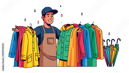 Colorful Raincoat Shop: A cheerful shop owner stands proudly, presenting a vibrant collection of raincoats in various colors, alongside umbrellas, ready for a rainy day. 