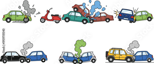 Car Accident and Vehicle Collision Icon Set with Cars, Motorcycle, Smoke, and Damage Elements for Accident Illustration