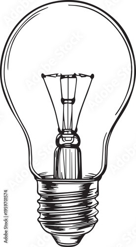 An illuminated light bulb, symbolizing a bright idea, stands out in detailed black and white illustration.