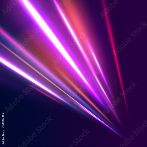 Glowing neon arcs flow along abstract highway curves. Motion lines create sensation of high-speed acceleration. Ideal for sci-fi vector illustrations.