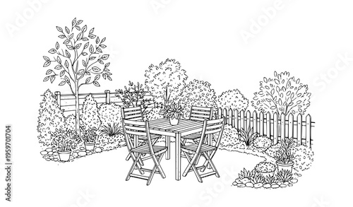 Backyard Garden Table Sketch Black and White Landscape with Outdoor Furniture Hand Drawn Vector