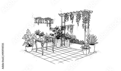 Creative Garden Backyard Table Sketch with Plants Pergola and Decorative Outdoor Scene Vector