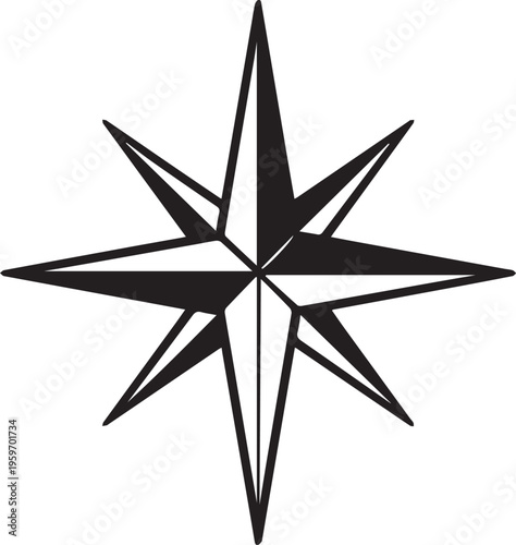 Navigational Star Compass Rose.A bold black and white navigational star compass rose, a symbol of direction and guidance.