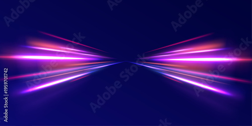 Blue and yellow neon lines swirl around abstract expressways. Acceleration effect simulates high-speed motion. PNG overlay fits futuristic projects.