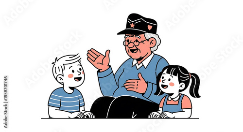 A heartwarming illustration of an elderly man telling stories to two excited children