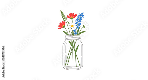 A colorful illustration of a clear glass mason jar filled with a vibrant bouquet of wildflowers