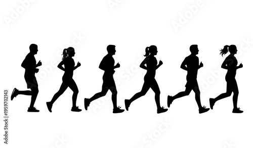 Running men and women silhouette set in side view jogging poses minimalist black fitness vector illustration