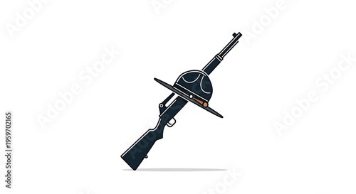 A vector graphic illustration of a rifle and helmet crossed over each other in a flat, minimalist design style.