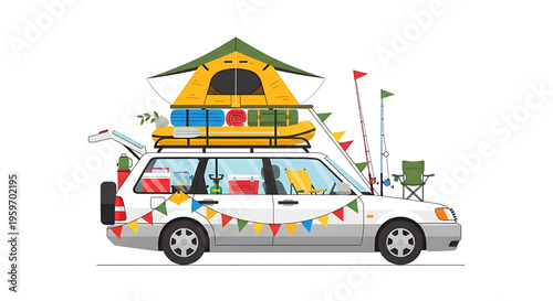 A colorful vector graphic illustration of a car packed for a camping road trip with a tent on top