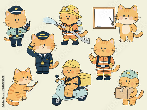 Set of Cute Ginger Cat in Various Professions and Occupations, Minimalist Illustration Vector Set for Career Education and Character Design Mascot