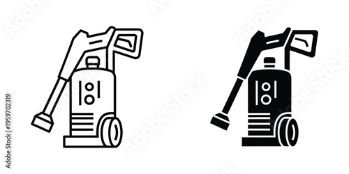 Pressure washers in contrasting black and white line art styles