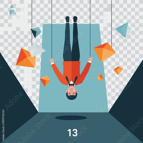 Man upside down in abstract geometric space with floating shapes.