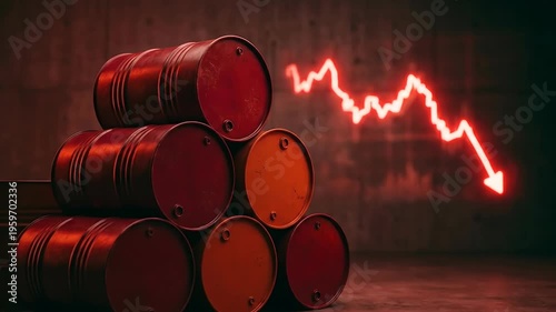 Oil barrels stacked with a glowing red downward trend chart on the wall. Economic crisis and energy industry market collapse visualization for financial report.